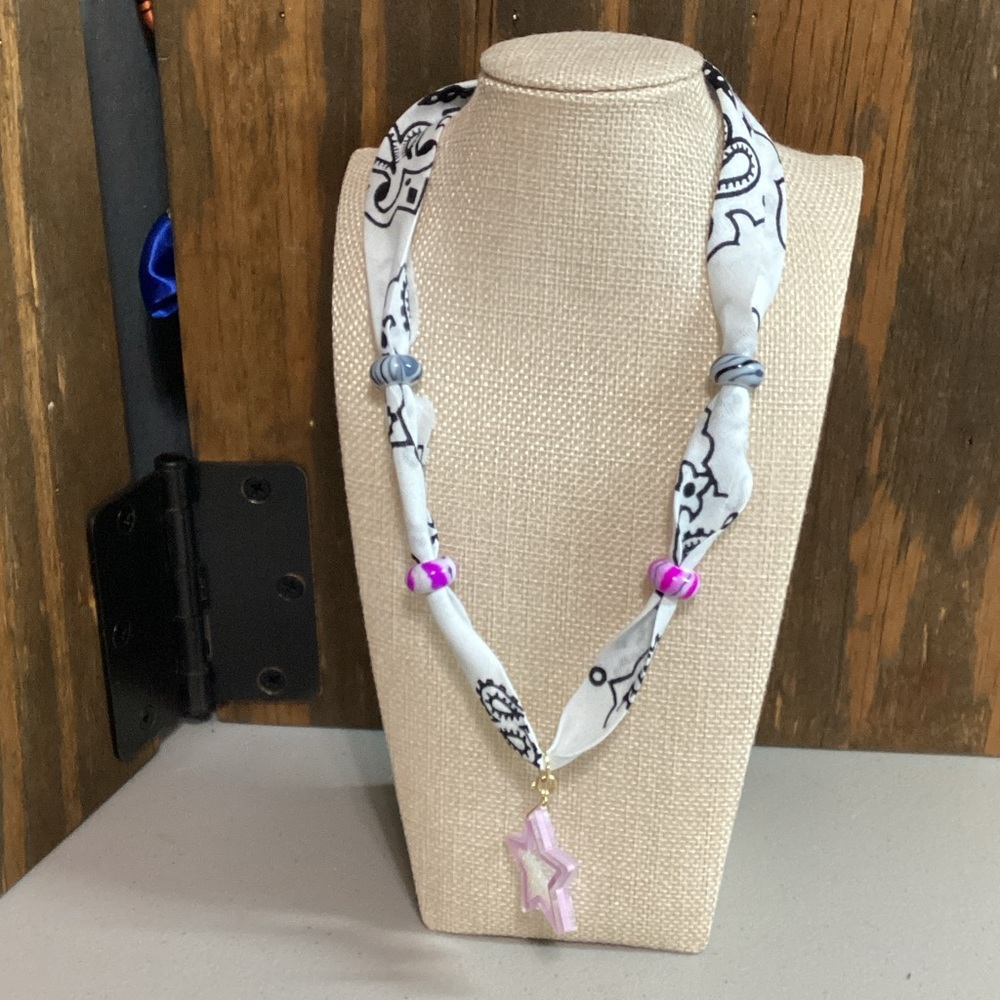(#160) Bandana Scarf Necklace with Pink Star Pendant